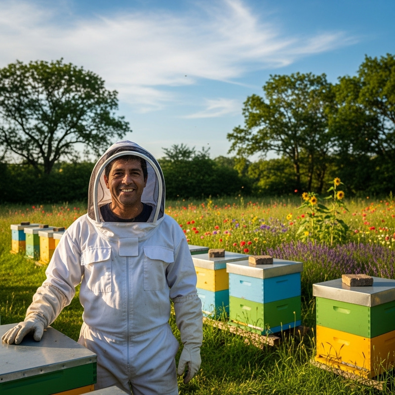 Happy Hispanic Beekeeper in Green Nature | Lush Beehives Background Happy Hispanic Beekeeper in Green Nature | Lush Beehives Background