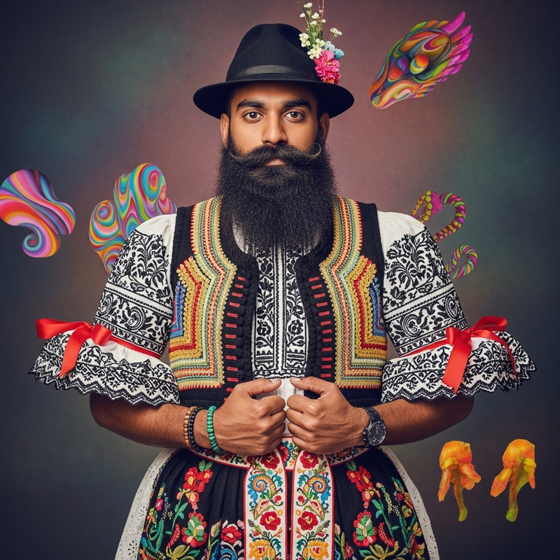 Man with Beard in Hungarian Folk Dress with Psychedelic Style