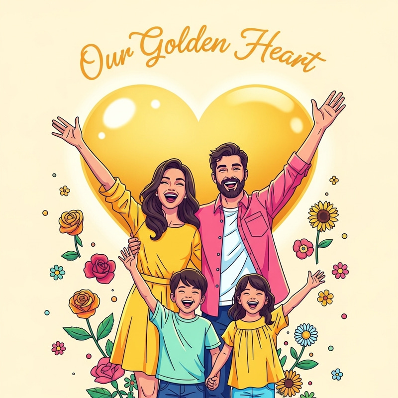 Bright Family Standing by Golden Heart | Joyful Colorful Poster Bright Family Standing by Golden Heart | Joyful Colorful Poster