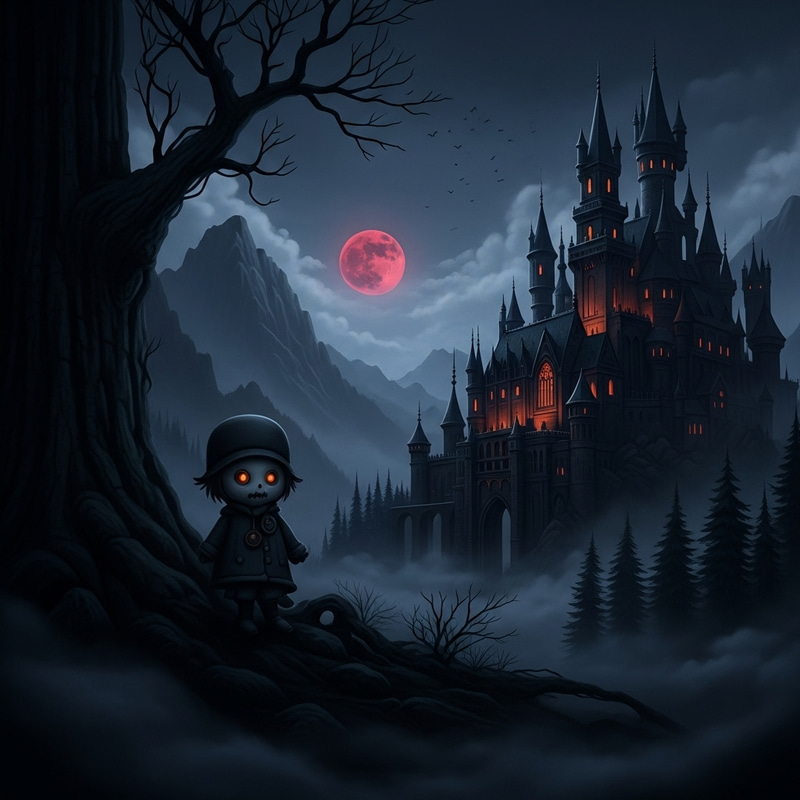 Dark Fantasy Castle and Blood Moon: A Scenic Gothic View Dark Fantasy Castle and Blood Moon: A Scenic Gothic View