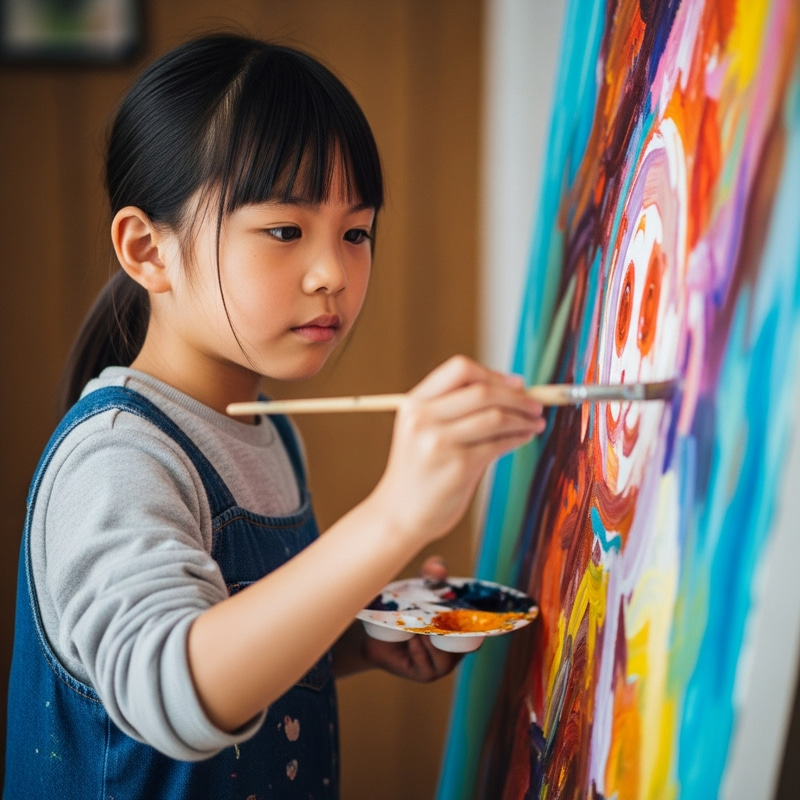 Vibrant Colors: Japanese Girl Painting with Artistic Determination Vibrant Colors: Japanese Girl Painting with Artistic Determination