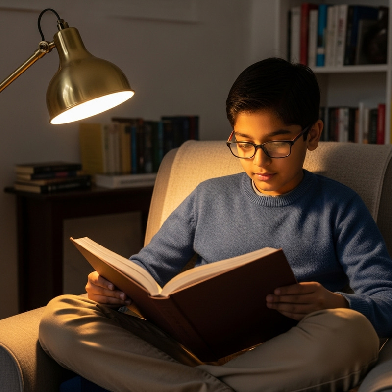 Smart South Asian Boy Reading in Cozy Room Smart South Asian Boy Reading in Cozy Room