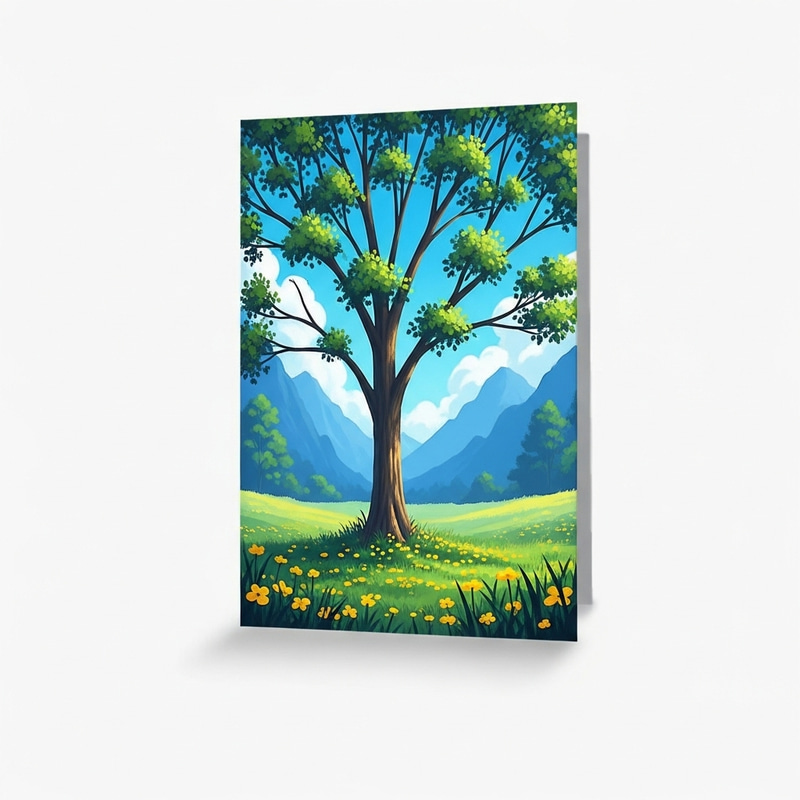 Peaceful Landscape Painting with Majestic Tree and Scenic Mountains