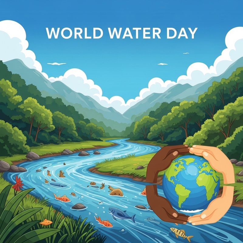 Celebrating World Water Day: Illustration of Aquatic Life in a Verdant Landscape Celebrating World Water Day: Illustration of Aquatic Life in a Verdant Landscape