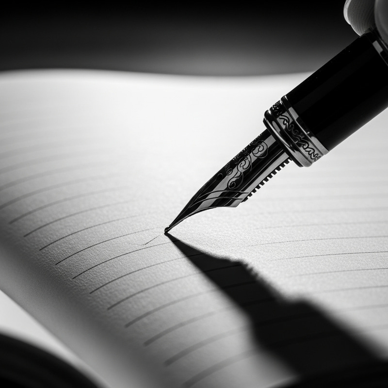 Intricate Fountain Pen Writing: Dramatic Black & White Photography