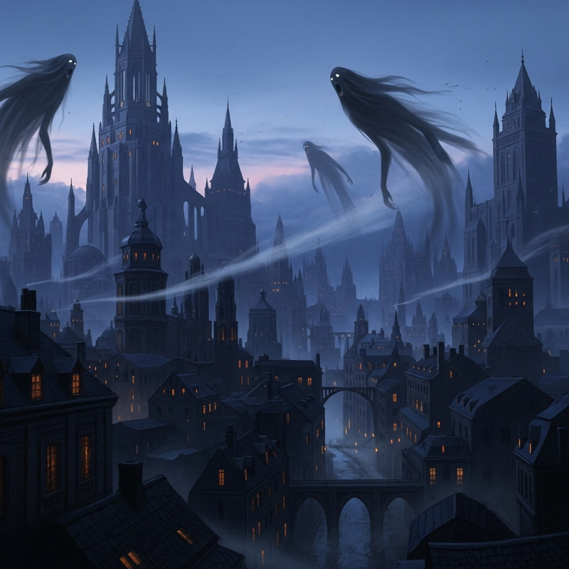 Mystical Gothic City with Dementors: Twilight Ethereal Scene
