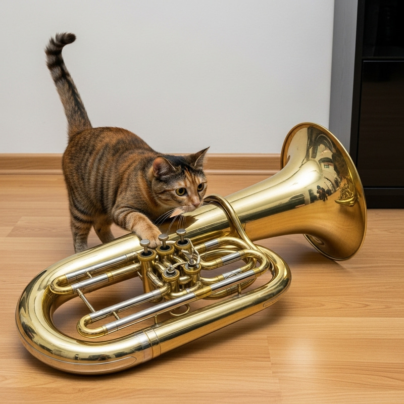Curious Cat Meets Shiny Brass Tuba: A Playful Encounter Curious Cat Meets Shiny Brass Tuba: A Playful Encounter
