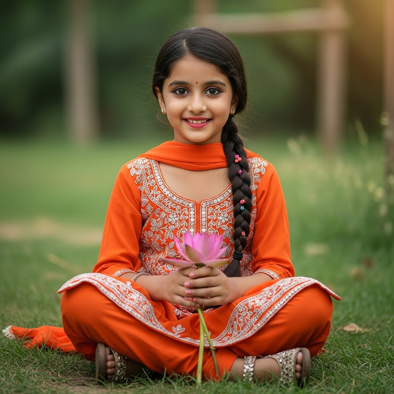 Serene Indian Girl Holding Lotus Flower Serene Indian Girl Holding Lotus Flower