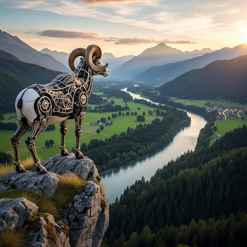Realistic Mechanical Big Horn Sheep Gazing Over Serene Landscape Realistic Mechanical Big Horn Sheep Gazing Over Serene Landscape
