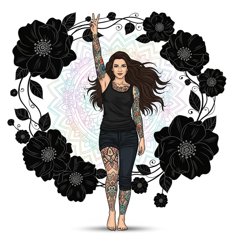 Caucasian Woman with Colorful Tattoos and Long Hair