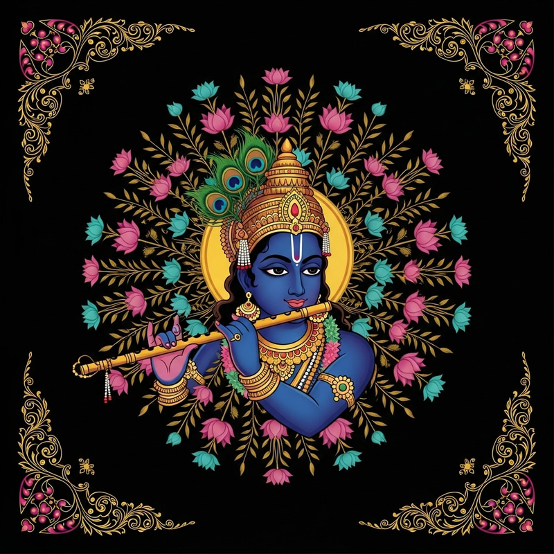 Divine Krishna Wallpaper - Black Background with Flute