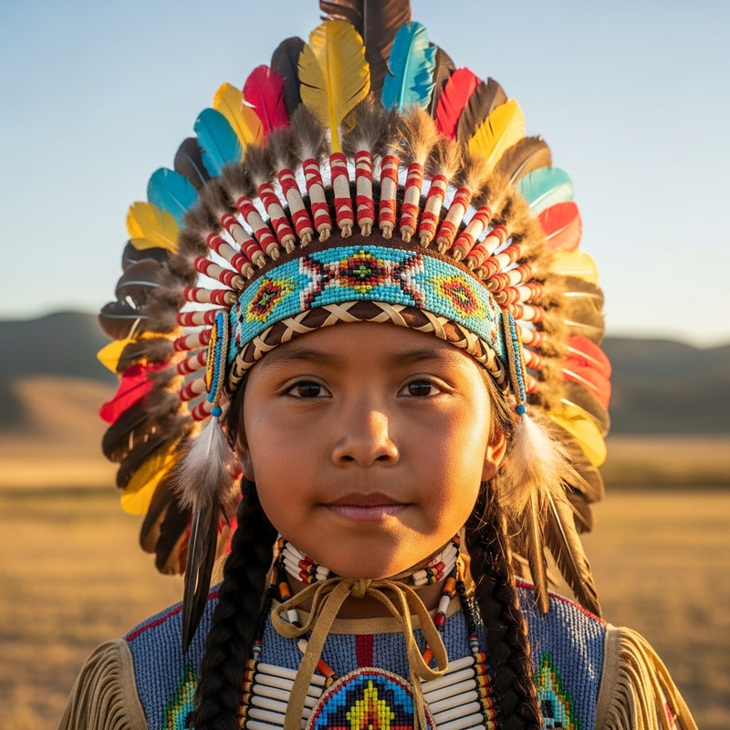 Native American Girl with Feathers Headgear