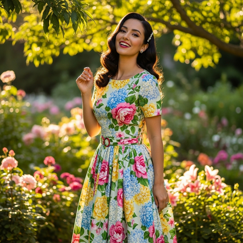 Elegant Hispanic Woman in Floral Mid-Century Dress Elegant Hispanic Woman in Floral Mid-Century Dress