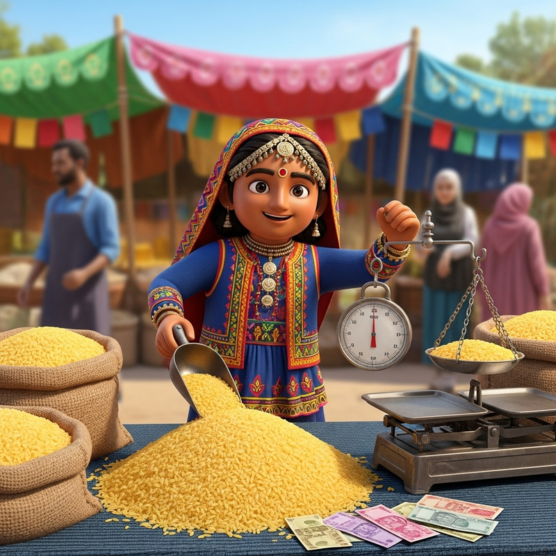 Cute South Asian Character Selling Rice | Joyful Local Market Scene Cute South Asian Character Selling Rice | Joyful Local Market Scene