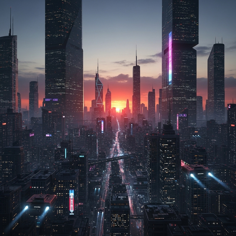 Neon Cyberpunk Cityscape - Sunset Majesty & Hovercars Neon Cyberpunk Cityscape - Sunset Majesty & Hovercars