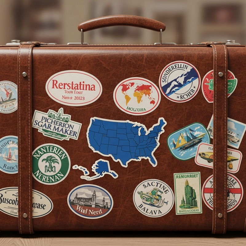 Vintage Leather Suitcase with Global Destination Stickers and the United States Outline Vintage Leather Suitcase with Global Destination Stickers and the United States Outline