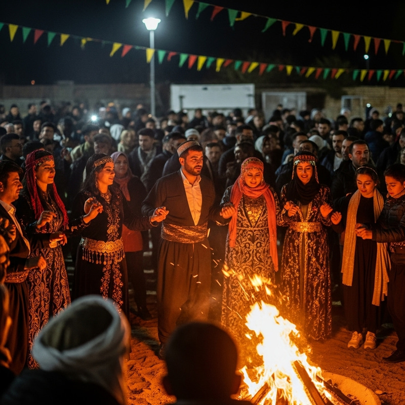 Vibrant Kurdish Newroz Celebration: Joyful Gathering Around Fire Vibrant Kurdish Newroz Celebration: Joyful Gathering Around Fire