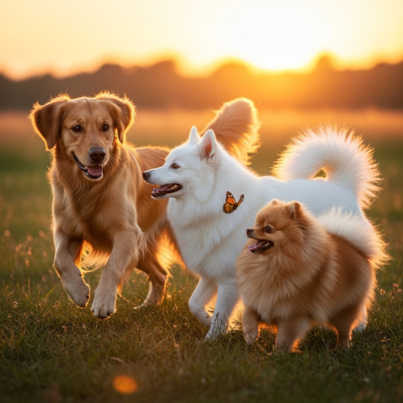 Golden Retriever, Japanese Spitz, Pomeranian in Meadow Golden Retriever, Japanese Spitz, Pomeranian in Meadow