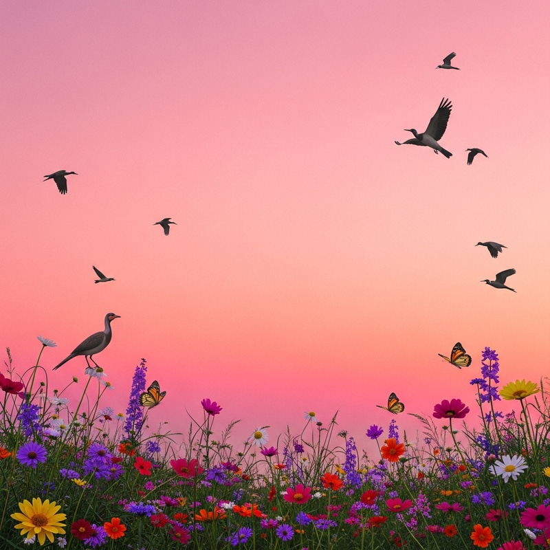 Serene Pink Sky Landscape with Blooming Flowers and Graceful Birds Serene Pink Sky Landscape with Blooming Flowers and Graceful Birds