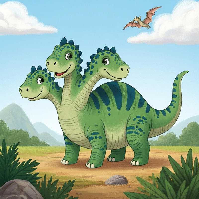 Adorable Triple-Headed Dinosaur in Stunning Prehistoric Scene