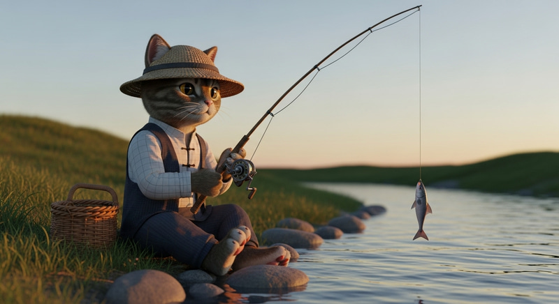 Adorable Humanoid Feline Fishing in Traditional Cloths | Calm Sunset Scene
