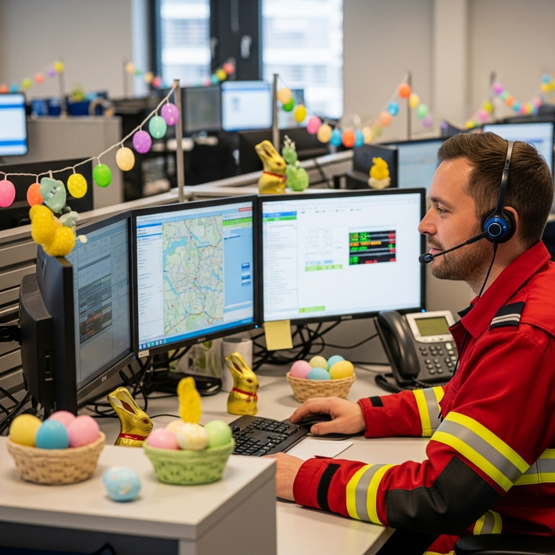 Festive Firefighter in Red Uniform at Easter-themed Call Center Festive Firefighter in Red Uniform at Easter-themed Call Center