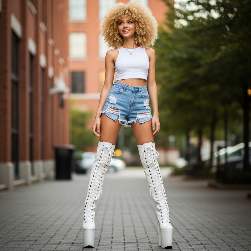 Tall Girl with Blonde Afro in Jean Shorts and White Lace-Up Boots Tall Girl with Blonde Afro in Jean Shorts and White Lace-Up Boots