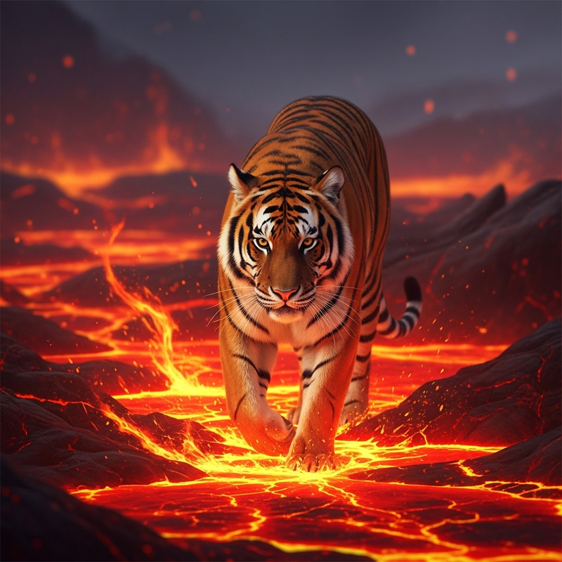 Female Tiger in Molten Magma Landscape Female Tiger in Molten Magma Landscape