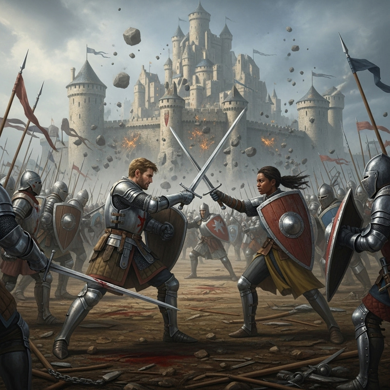 Epic Medieval Battle Scene: Knights Duel on Gory Battlefield