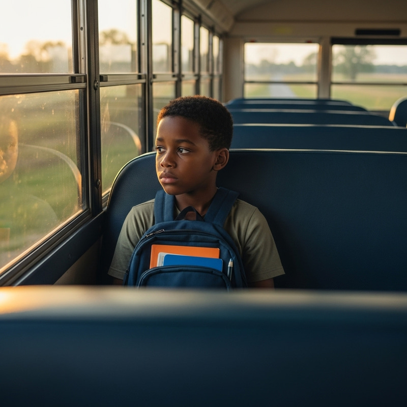 Sad Black Boy Alone on School Bus