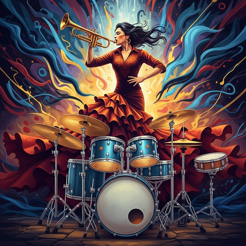 Vibrant Flamenco Dancer with Trumpet Art Vibrant Flamenco Dancer with Trumpet Art