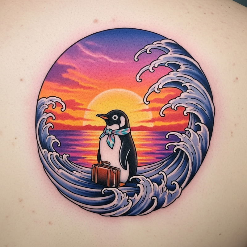 Sunset Wave Penguin Tattoo - Colorful Design Sunset Wave Penguin Tattoo - Colorful Design
