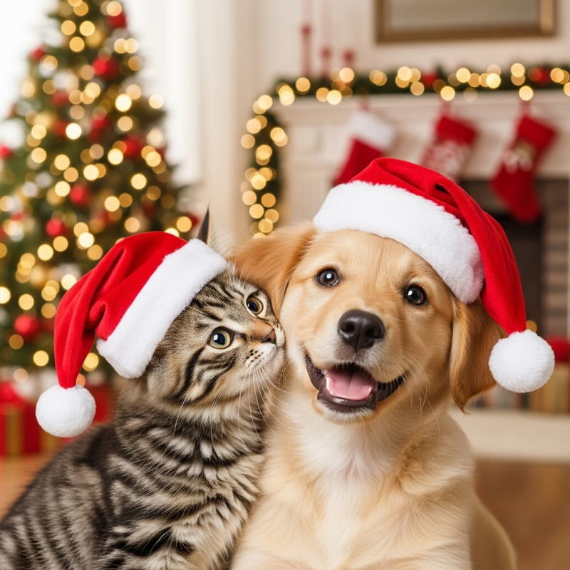 Adorable Kitten and Puppy in Christmas Hats - Cute and Happy Faces, Festive Sketch Adorable Kitten and Puppy in Christmas Hats - Cute and Happy Faces, Festive Sketch