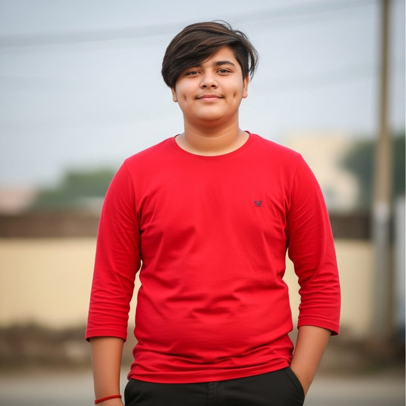 Tall South Asian Boy | Prominent Dimples, Round Face, Red Shirt Tall South Asian Boy | Prominent Dimples, Round Face, Red Shirt