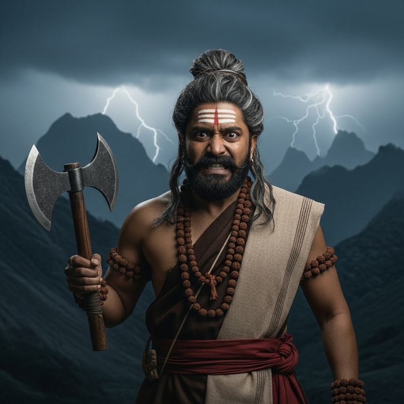 Aesthetic Asian Man with Axe in Mystical Rishi Style
