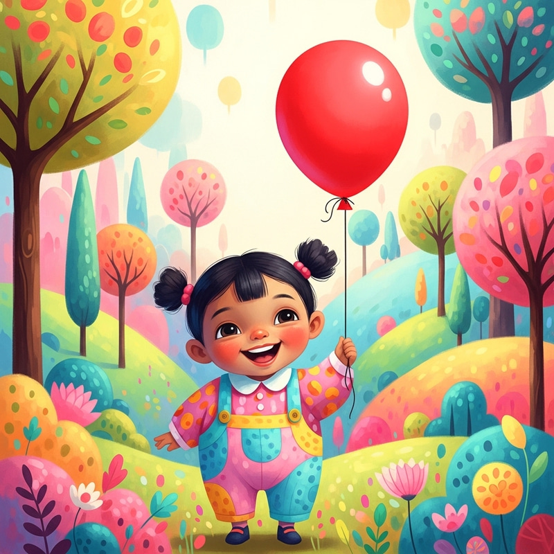 Childhood Wonder: Vibrant Red Balloon in Whimsical Mary Blair Style Childhood Wonder: Vibrant Red Balloon in Whimsical Mary Blair Style