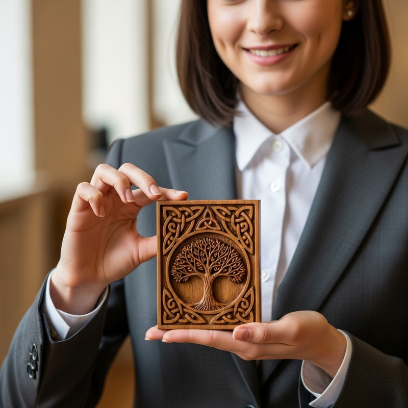 Teen American Woman in Formal Suit with Wooden Carving Teen American Woman in Formal Suit with Wooden Carving