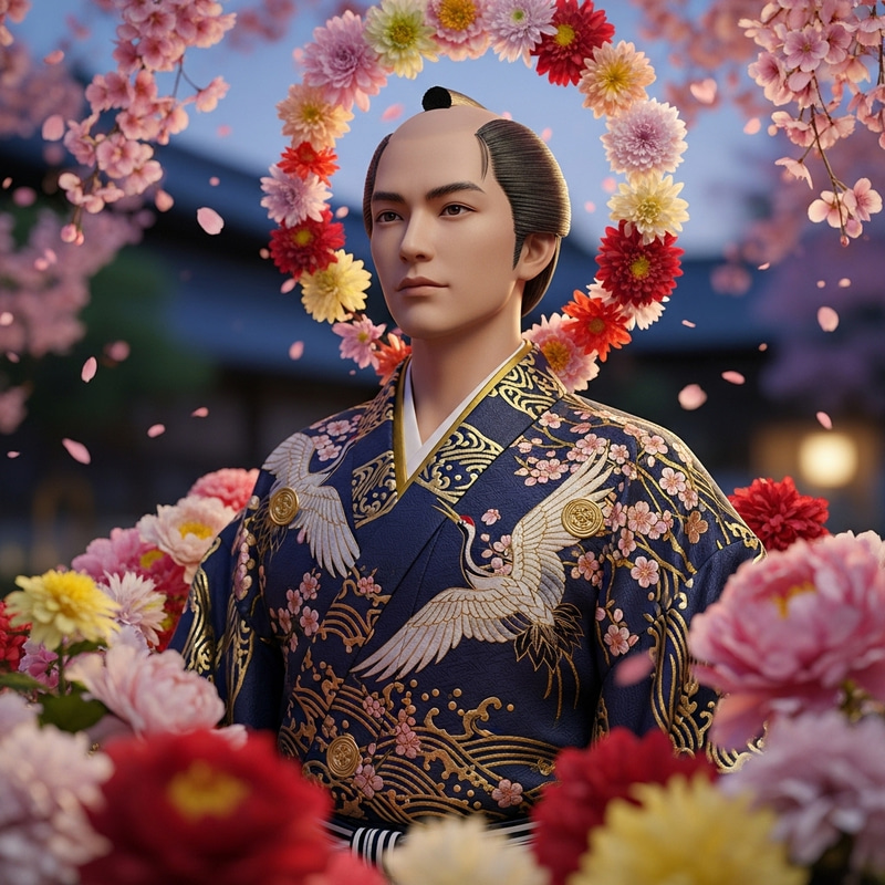 Gyutaro in Traditional Japanese Attire Amongst Blossoms