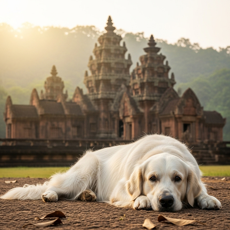 Golden Retriever Dog at Dzeren Dra Temple - Serene Pose