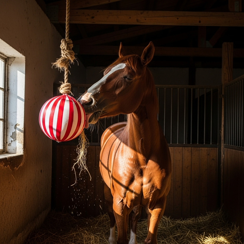 Horse Licking Sweet Candy in Stable