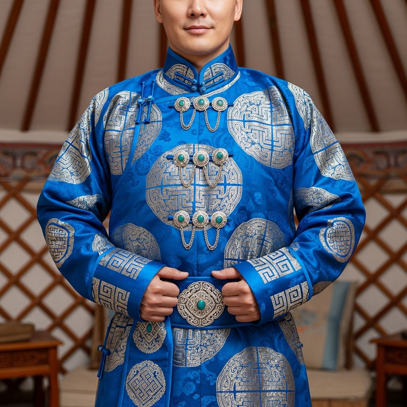 Mongolian Man's Deel Shirt - Fine Fabric & Ornamental Buttons Mongolian Man's Deel Shirt - Fine Fabric & Ornamental Buttons