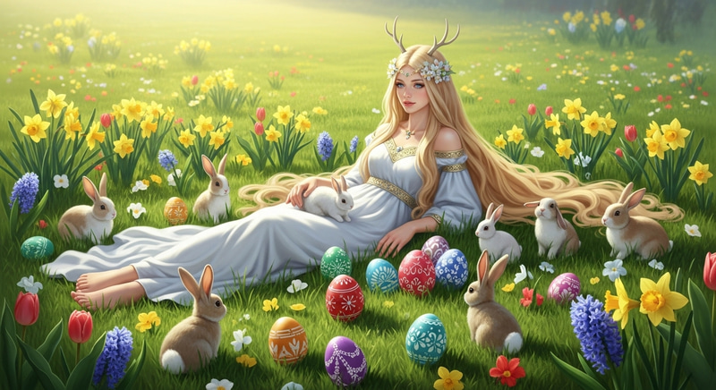 Ethereal Goddess in Spring Field Enveloped by Bunnies & Colorful Eggs Ethereal Goddess in Spring Field Enveloped by Bunnies & Colorful Eggs