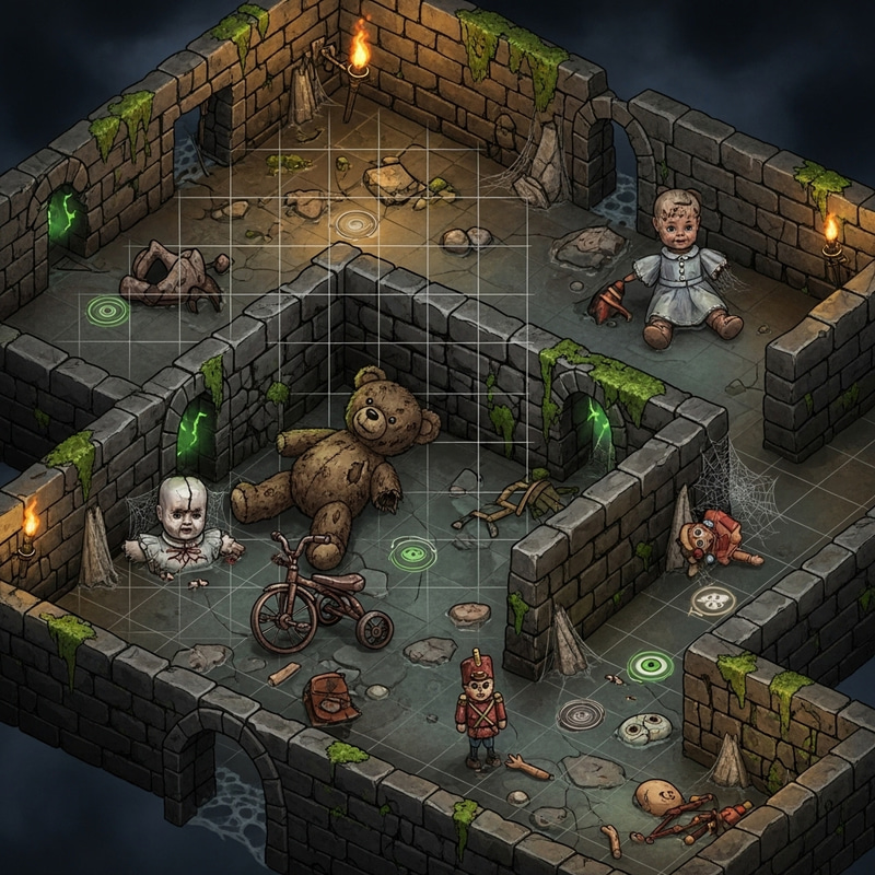 Creepy Dungeon Grid Map: Spooky Toy-filled Underworld Layout Creepy Dungeon Grid Map: Spooky Toy-filled Underworld Layout