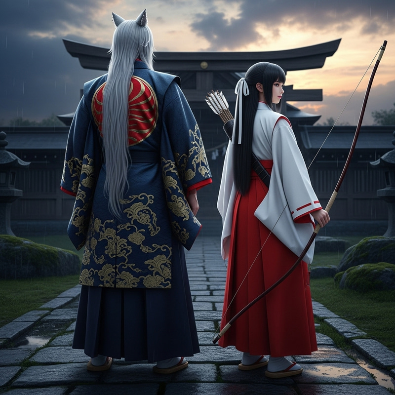 Inuyasha and Kikyo - Historical Japanese Couple in Dramatic Setting Inuyasha and Kikyo - Historical Japanese Couple in Dramatic Setting