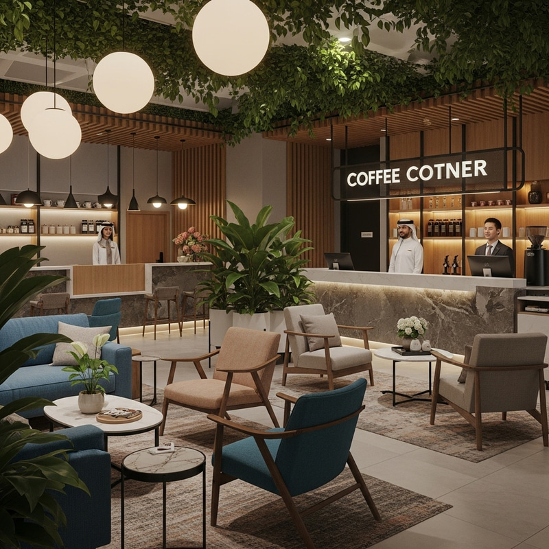 Modern Cozy Hotel Lifestyle: Plant-filled Reception & Coffee Corner