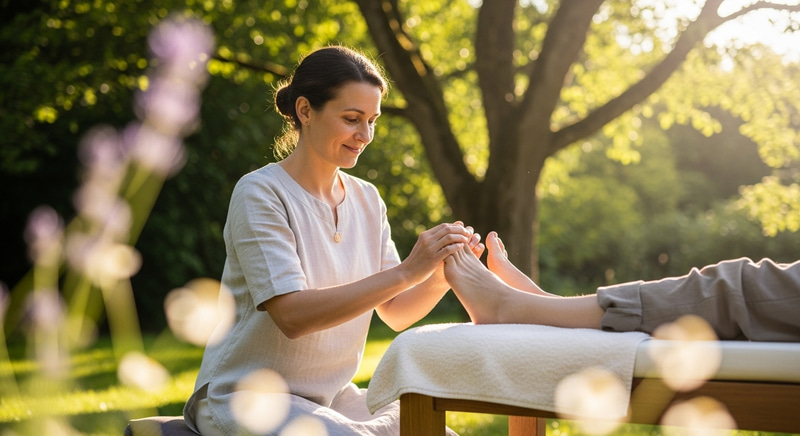 Female Healer Practicing Foot Reflexology Outdoors | Sunlit Natural Setting Female Healer Practicing Foot Reflexology Outdoors | Sunlit Natural Setting