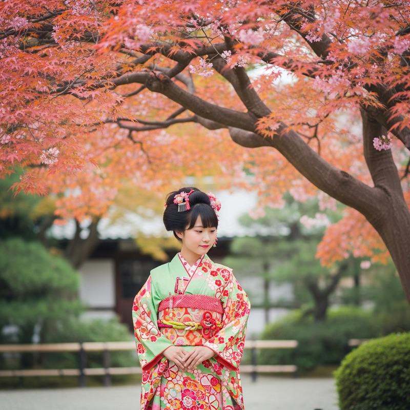 Japanese Girl in Colorful Kimono at Traditional Japanese Garden