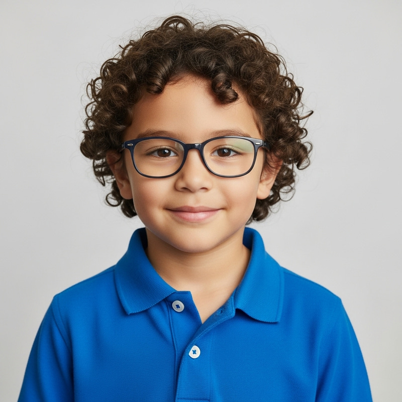 Hispanic Boy with Curly Hair, Wavy Glasses, Blue Polo Hispanic Boy with Curly Hair, Wavy Glasses, Blue Polo