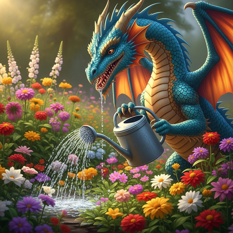 Dragon Watering Flowers in Majestic Garden