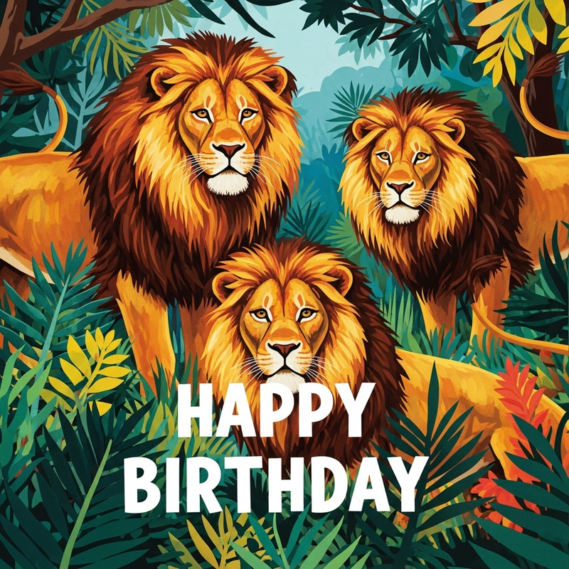 Vibrant Birthday Poster with Majestic Lions - Jungle Inspired Vibrant Birthday Poster with Majestic Lions - Jungle Inspired